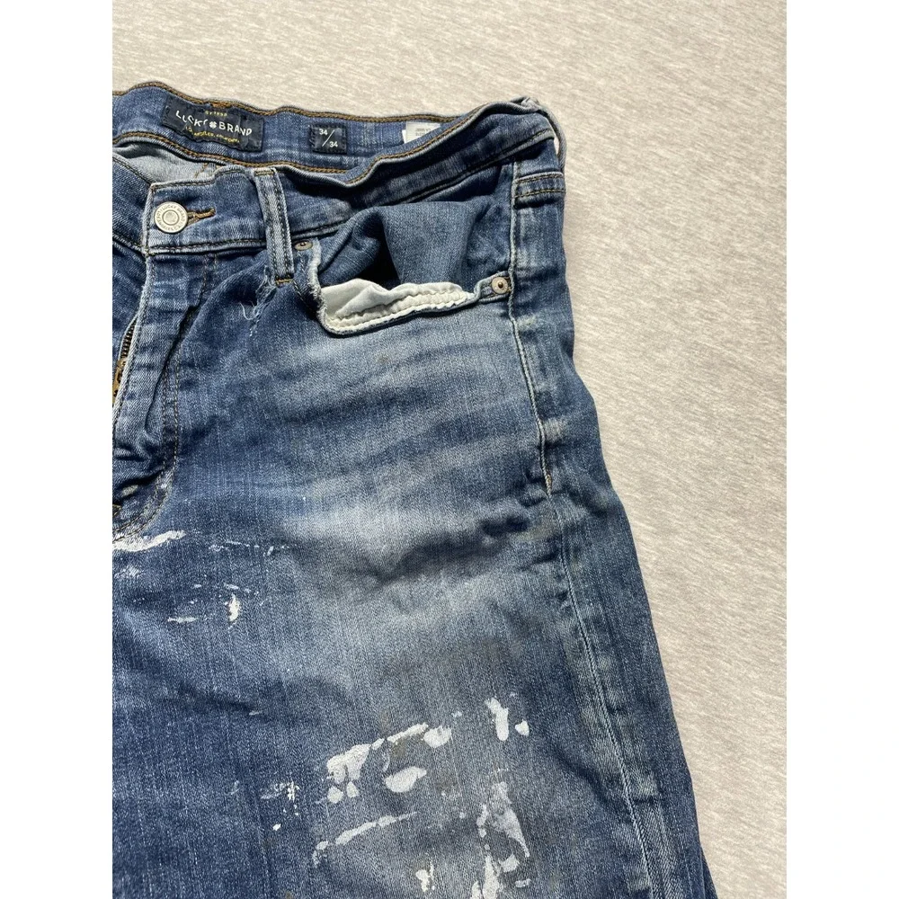 Lucky Brand Jeans Men 34x34 Blue Splatter Paint Denim Athletic Slit Straight Leg